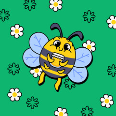Cartoon character Bee with blue wings holding a honey jar, surrounded by white daisies on a green background for childrens designs, patterns, or nature design vector illustration hand drawn