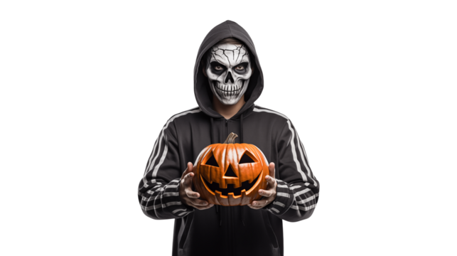 Spooky Halloween character wearing a skull mask and holding a carved pumpkin, perfect for seasonal marketing and eerie designs
