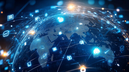 network concept with a globe and icons of various applications on a blue background, symbolizing a fast internet connection in a smart city