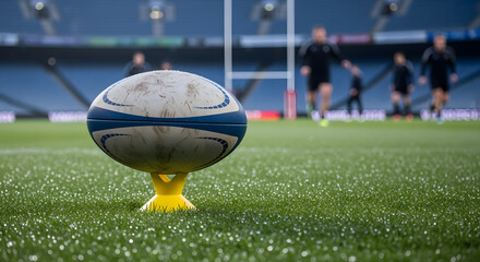 Rugby ball on tee at stadium. Suitable for sportsrelated designs, posters, and marketing material for rugby events or teams.