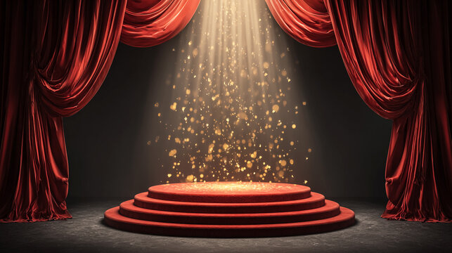 20 Top Picks on a podium with red curtains and a spotlight, vector graphics, golden letters, dark background, stage design