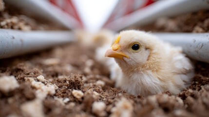 Obraz premium Fluffy yellow chick looking out from straw bedding in a farm setting Chicken