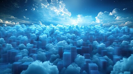 Abstract aerial view of a city obscured by fluffy clouds under a bright sky.