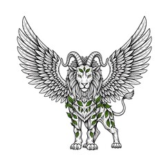 A majestic, winged lion with ram horns and green leaves woven into its mane and body. This is a powerful and unique fantasy illustration, symbolizing nature, strength, and mythology.