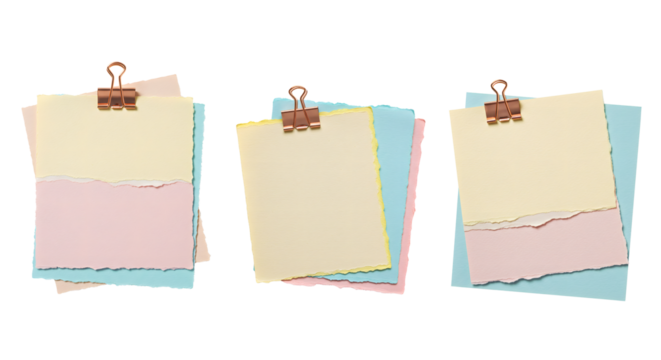 Torn pastel paper sheets with binder clips for creative design projects..