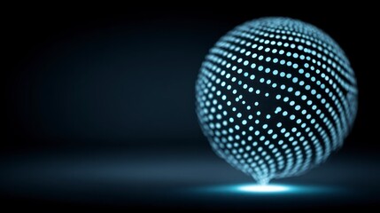 Glowing sphere of interconnected white dots on a dark background with a light beam below