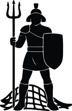 Illustrator Retiarius gladiator poised triumphantly holding trident shield Silhouette vector