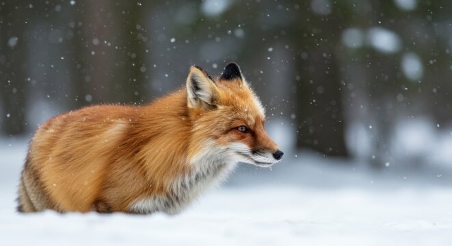 A beautiful red fox stands alert in a snowy winter forest during a gentle snowfall.