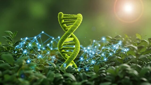 A vibrant green dna helix symbolizing life, growth, and nature, intertwined with glowing blue connections representing scientific discovery and biotechnology in a lush environment