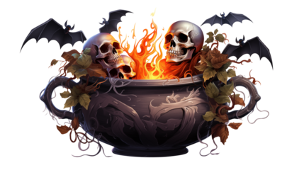 Spooky Halloween cauldron with skulls, fire, bats, and autumn leaves, perfect for creating a chilling festive atmosphere for your design projects