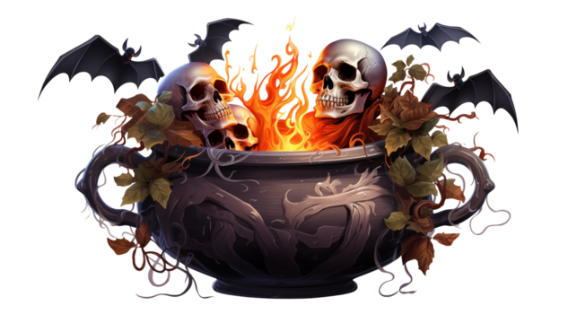 Spooky Halloween cauldron with skulls, fire, bats, and autumn leaves, perfect for creating a chilling festive atmosphere for your design projects