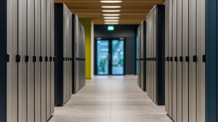 Fototapeta premium Rows of modern gray server racks in a data center hallway with an exit sign