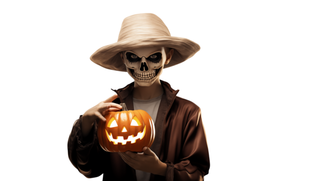 Spooky Halloween figure holding a glowing jack-o'-lantern with a sinister skull mask and hat against a dark background