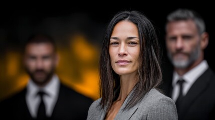 Professional woman in a gray suit with two men in suits in soft focus background