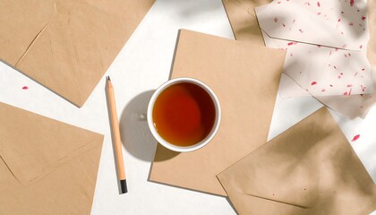 Cozy Workspace Tea, Letters, and a Pencil