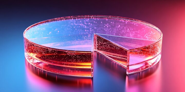 A 3D render of a transparent pie chart with a separated slice for websites or blogs to represent data visualization, market share, or financial analysis.

