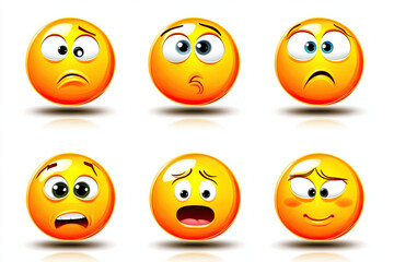 Obraz premium Colorful emoticons displaying a range of emotions, including happiness, sadness, surprise, and confusion, set against a white background.
