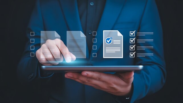 Man using tablet for online survey and checklist, completing digital form with checkmarks