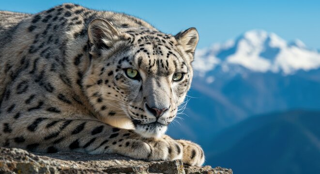 A majestic snow leopard with piercing green eyes rests on a rocky mountain ledge. - Powered by Adobe
