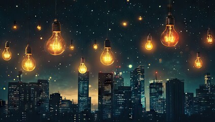 Illuminated city skyline at night, glowing light bulbs suspended in the starry sky