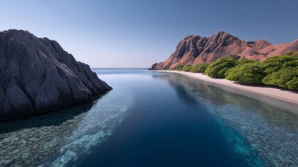 Fototapeta premium Serene blue ocean water with visible coral reefs leads to a sandy beach backed by green foliage and distant brown hills