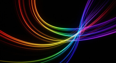 Abstract Rainbow Light Trails on Black Background, Dynamic Curved Lines, Modern Art, Vibrant Colors, Futuristic Design