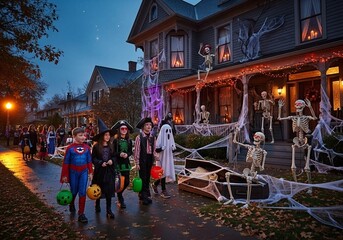 Obraz premium Trick-or-Treaters Walking Past House with Skeletons, Cobwebs, and Flickering Candles