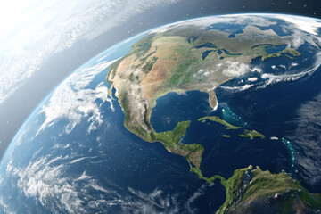 View of earth from space showing north and central america with sunlight