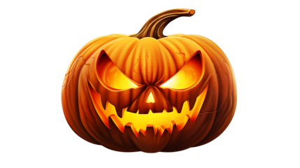 Glowing jack-o'-lantern with sinister carved face perfect for Halloween decorations and spooky event promotions with dramatic lighting and festive mood