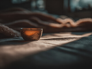 Obraz premium Candlelight Shadow Silhouette Cozy Bed Interior Relaxation Warm Evening Home Comfort Repose Peaceful Textures Woolen Furniture Dim Serenity rays Flicker Calm Silhouette Horizontal Mood Zen