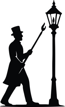 Illustrator Vintage lamplighter lighting streetlamp with long lighter Silhouette vector