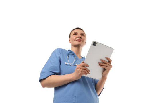 Medical worker using a tablet, isolated on white, PNG