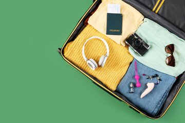 Open suitcase with clothes, sex toys, passport and accessories on green background