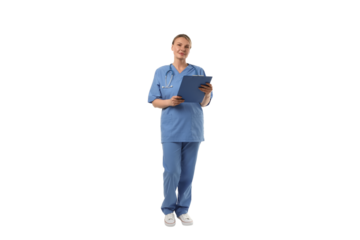 Female healthcare worker poses with a clipboard, isolated on white, PNG