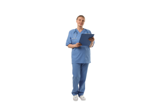 Female healthcare worker poses with a clipboard, isolated on white, PNG