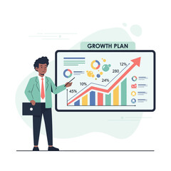 Businessman in a green suit presenting a growth plan, pointing at a rising chart with an upward arrow.