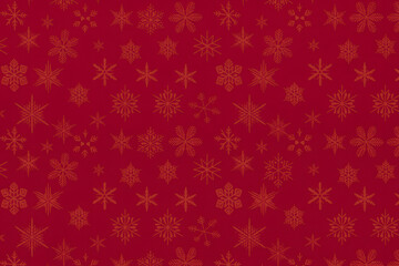 Seamless repeating pattern of small stylized Christmas icons on a deep crimson background, including snowflakes, trees, mittens, stockings, and baubles in warm gold