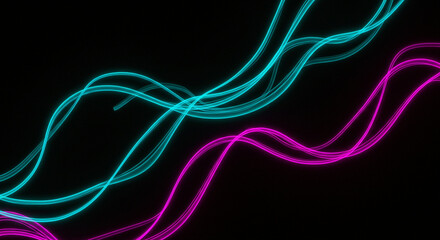 Abstract Neon Wave Background: Teal and Pink Glowing Lines on Black - High-quality stock image for commercial use