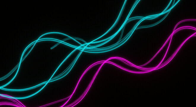 Abstract Neon Wave Background: Teal and Pink Glowing Lines on Black - High-quality stock image for commercial use
