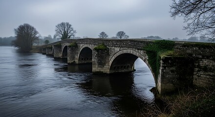 Obraz premium Stone Bridge Over River in Foggy Landscape