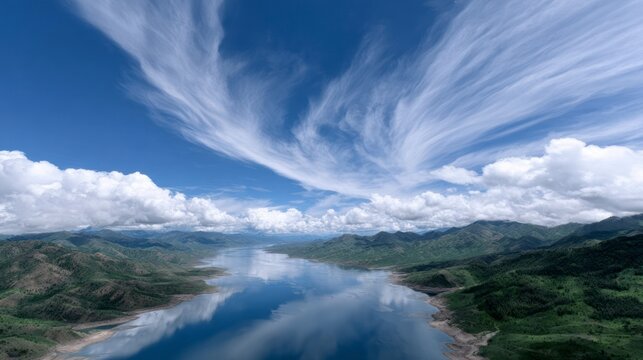 Expansive blue sky with wispy clouds above a calm lake and rolling green hills