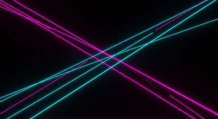 'Vibrant neon lines in pink and teal intersect dynamically against a deep black background, creating a futuristic and energetic...