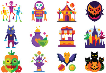 Fototapeta premium Colorful Halloween Vector Icon Set Featuring Monsters Creatures and Festive Elements