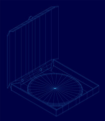 Wireframe pizza box in 3D model form with clean white lines and realistic proportions. The blue background enhances visibility of the detailed structure. Isometric view