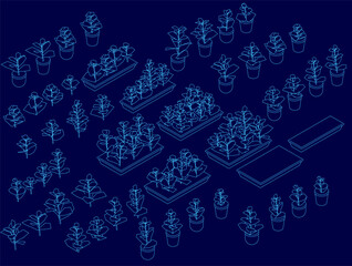 Potted plants and saplings arranged in an isometric pattern against a vibrant blue background. The white pots create a clean contrast, forming a visually balanced composition with natural contours.