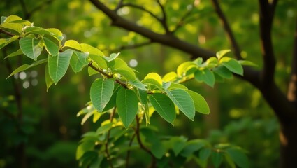 Obraz premium Vibrant green leaves glistening with dew drops on a tree branch in soft sunlight