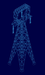 A wireframe crane design features intricate lines and geometric shapes on a dark blue background. The detailed contour highlights power transmission and structural strength.