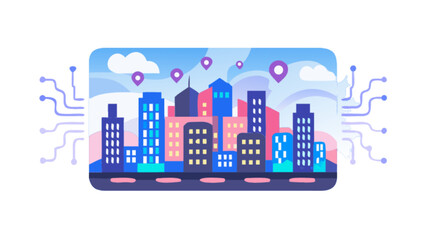 Obraz premium Smart city digital technology network with location pins and modern building architecture design concept