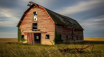 Old Red Barn in a Field with Blue Sky