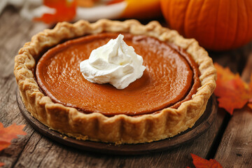 Close-up of a freshly baked pumpkin pie with golden flaky crust topped with a swirl of whipped cream on rustic wooden table surrounded by autumn leaves and pumpkins, Concept of autumn, Thanksgiving.